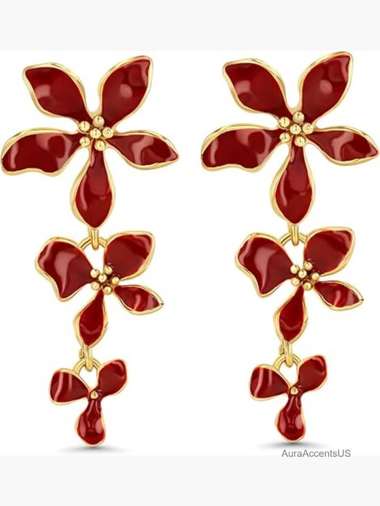 Jewelry - 18K Gold Plated Dainty Chunky Enamel Flower Statement Drop Earrings